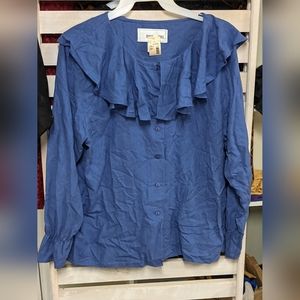 Dusty blue raw silk ruffle collar blouse